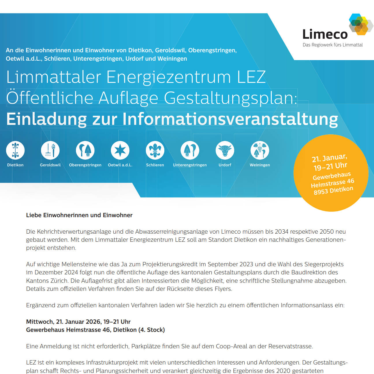 Informationsveranstaltung: Limmattaler Energiezentrum LEZ Informationsveranstaltung: Limmattaler Energiezentrum LEZ